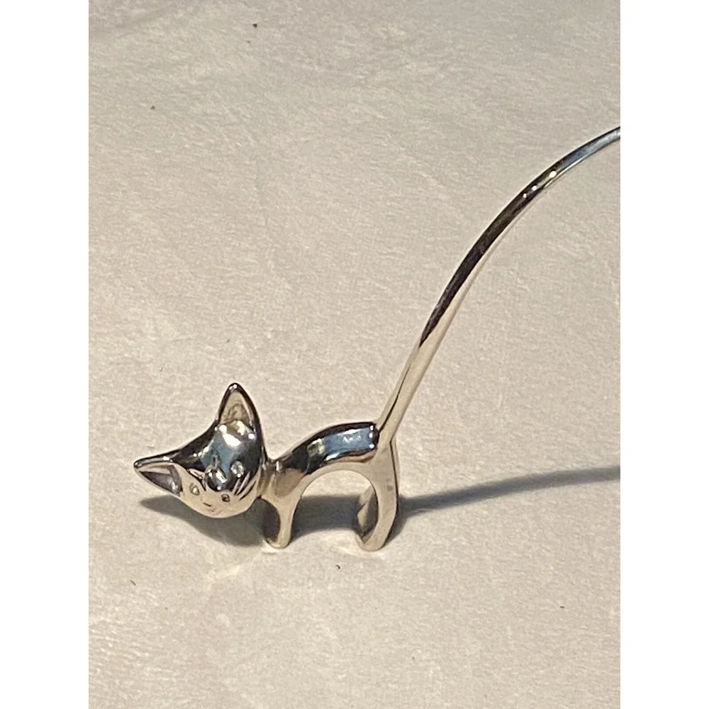 Silver Cat Ring Holder with Long Tail and Rhinestone Eyes MCM Figurine Vtg